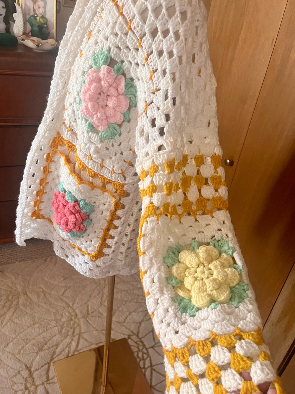 Adorable Handmade White Crochet Floral Cardigan Sweater - Picture 4 of 6
